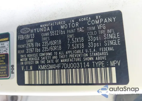 2013 Hyundai Santa Fe Gls from USA, damaged, VIN KM8SM4HF7DU003114